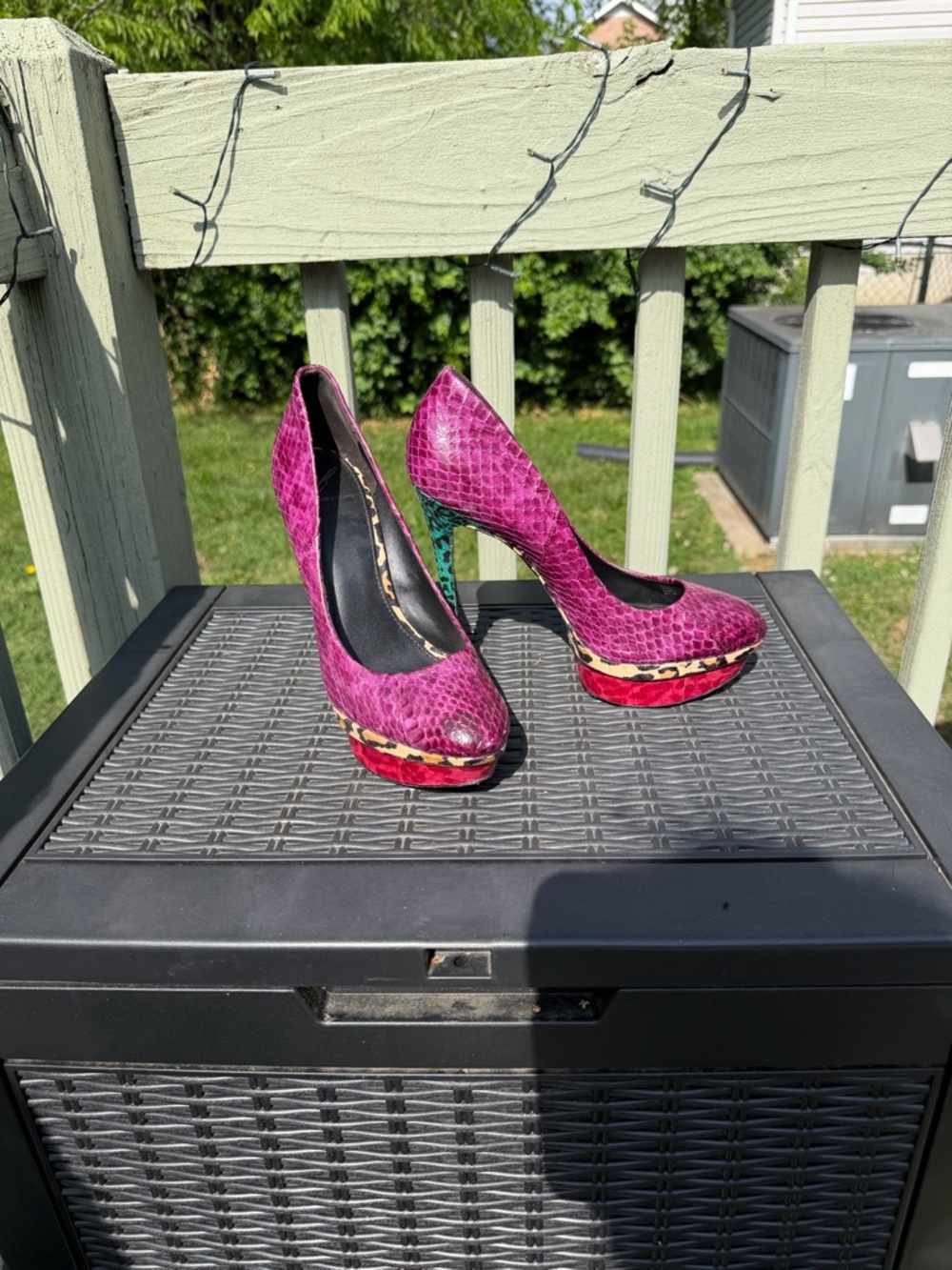 Brian Atwood Fuchsia Snakeskin Platform Pumps with Leopard and Red Accents